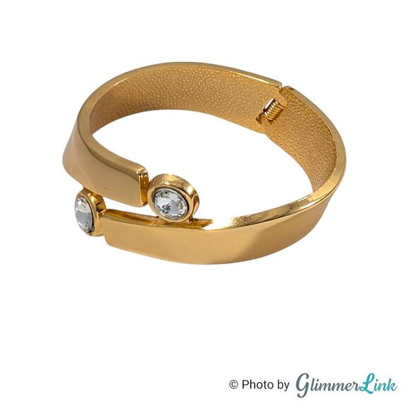Vintage Modernist Clear Rhinestone Accents Gold Tone Hinged Cuff Bracelet - Picture 3 of 9